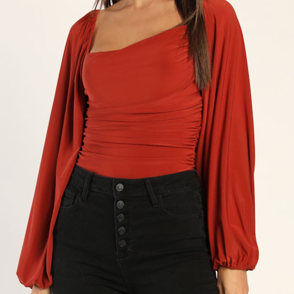 Lulus Anything But Average Rust Orange Ruched Balloon Sleeve Bodysuit - Size S